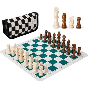 13" Foldable Chess Set for Portability,Travel Fun for All Ages, Featuring a Roll-Up Board, Tournament-Style Mousepad Mat, and Wooden Chess Pieces Handy Grid Chessboard Storage Bag.