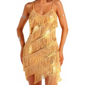 Women's Sparkly Sequin Dress Fringe Bodycon Dance Tassel Dresses Spaghetti Strap Mini Dress Clubwear