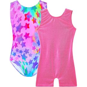TENVDA Bundles of Gymnastics Leotards for Girls 4t 5t Metallic Sparkly Hotpink Stars Sleeveless Tumbling Outfit