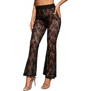 WDIRARA Women's Floral Lace Flare Leg Elastic High Waist Sheer Mesh Party Club Pants
