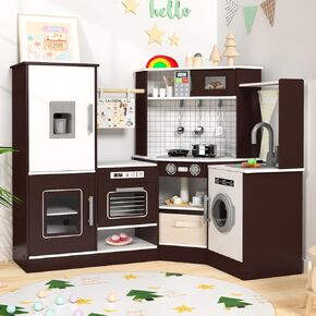 Corner Wooden Play Kitchen Set for Kids w/Lights & Sounds, Pretend Play Kitchen Playset with Stove, Microwave, Ice Maker & Accessories, Perfect for Toddlers & Multiple Children (Green)
