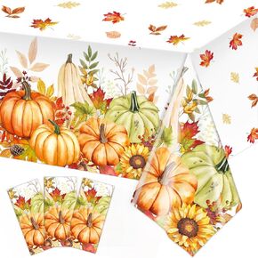 3 Pack Fall Autumn Pumpkin Tablecloth Thanksgiving Tablecloth Autumn Harvest Maple Leaf Table Cover for Fall Thanksgiving Party Supplies, 54 x 108 Inch