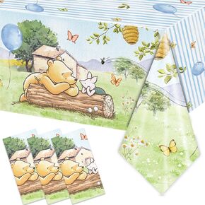 3PCS Blue Winnie Bear Baby Shower Tablecloths, Birthday Party Decorations Boys Birthday Winnie Bear The Pooh Disposable Plastic Tablecloths Party Supplies -54x108IN