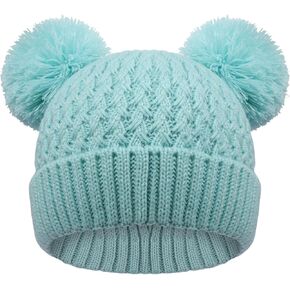 Kids Winter Hat Warm Knitted Beanies with Double Pom Pom Thick Ski Cap for Boys Girls 7-12 Years