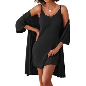 Ekouaer Robes Womens Nightgown and Robe Set 2 Piece Sexy Lace Spaghetti Strap Lightweight Sleepwear with Pockets S-XXL