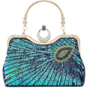 Vintage Beaded Bag Sequin Peacock Evening Clutch Purse for Women Formal Evening Bag Green Blue Wedding Prom Party Handbag