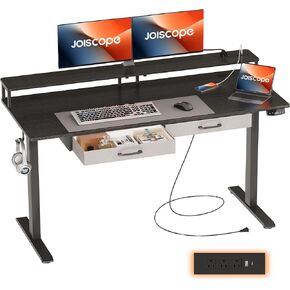 JOISCOPE 55 x 24 inch Adjustable Electric Standing Desk (3AC, USB, Type-C) with Drawers, Monitor Shelf & 2 Memory Heights, Gaming Study Drafting 25 mm/s Sit Stand Desk for Home Office Bedroom, White