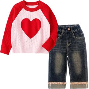 Peacolate 2-7T Spring Fall Little Girls 2pcs Clothing Set Heart Sweater and Straight Jeans