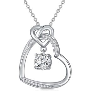 ZBA Natural Diamond Heart Necklace, 925 Sterling Silver Diamond Necklace for Women Interlocking Heart Pendant with 1CT Moissanite Diamond Birthday Valentines Day Jewelry Gifts for Girlfriend,18+2 Inch