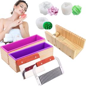 Soap Molds for Soap Making Kit, Cutting Box and Inner Box with Silicone Mold, Stainless Steel Straight Cutter and Wavy Cutter, & Silicone Candle Molds (with Recipe Book)