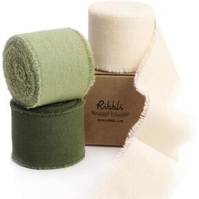 Ribbli 3 Rolls Sage Green Ribbon 5/8 Inch x 18Yards Handmade Cotton Frayed Fringe Ribbons for Gift Wrapping Wedding Invites Bridal Bouquets Baby Shower DIY Crafts Home Decor