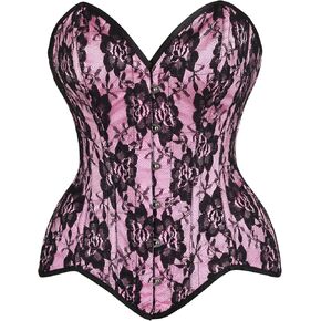 Daisy corsets Womens Top Drawer Pink Satin W/Black Lace Overlay Steel Boned Overbust Corset