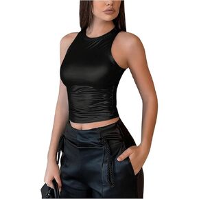 OYOANGLE Women's Metallic Ruched Round Neck Sleeveless Tank Top Y2K Slim Fitted Sports Casual Crop Tops