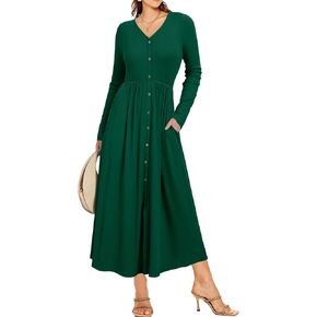 Glamaker Women's Long Sleeve Fall Dress 2024 Casual V Neck Ribbed Knit Button Down Maxi Dress Wedding Guest Dresses Pockets