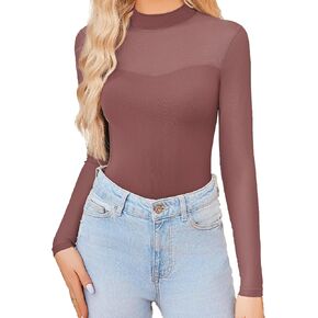Avidlove Sexy Mock Turtle Neck Sheer Mesh Long Sleeve Bodysuit Shirts Ruched Body Suit Leotard Tops