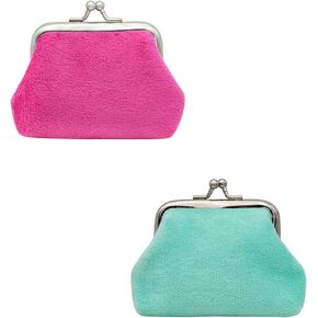 2Pcs Coin Purse, Soft Plush Kiss-Lock Change Purse for Women, Small Mini Change Purse with Clasp for Jewelry, Keys, Coin, Cash (Blue+Rose Red)