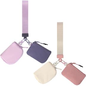 2PCS Mini Zip Around Wristlet Wallets for Women Portable Coin Purse Detachable Dual Pouch Keychain Wallet Small Wallets for Women Men Pink Purple
