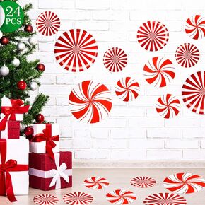 Outus 24 Pieces Peppermint Floor Decals Stickers for Christmas Decoration Candy Party Supply Red and White Large Decals for Floors, Windows, Counters and Walls (Bent Stripes A and B)