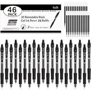 Black Gel Pens, 46 Pack(20 Gel Pens with 26 Refills) Lineon Retractable Medium Point Gel Pens Smooth Writing with Comfortable Grip for Office School