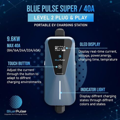 Blue Pulse Super 40A (9.6kW) - Level 2 Plug and Play Fast Portable Charging Station for Electric Vehicle with 16.5ft Cable for NEMA 14-50P in Saudi Arabia