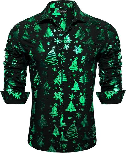 Barry.Wang Men's Christmas Dress Shirts Long Sleeve Luxury Shiny Shirt Party Snowflake Fashion Halloween Print Tops Xmas in Kuwait