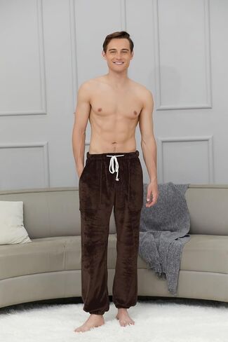Cromoncent Mens Plush Warm Lounge Pj Pants Thickened Fleece Pajama Jogger Pants with Pockets Sleepwear in Saudi Arabia