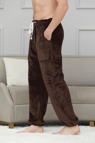 Cromoncent Mens Plush Warm Lounge Pj Pants Thickened Fleece Pajama Jogger Pants with Pockets Sleepwear in Saudi Arabia