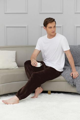 Cromoncent Mens Plush Warm Lounge Pj Pants Thickened Fleece Pajama Jogger Pants with Pockets Sleepwear in Saudi Arabia
