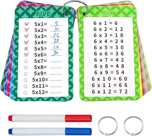 Multiplication Flashcards 0-12, 13 Pcs Multiplication Chart Math Flashcards, Multiplication Math Game, Times Table Flash Cards with 2 Dry Erase Markers and 2 Rings for 1st to 3rd Grades in Kuwait