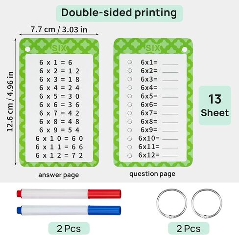 Multiplication Flashcards 0-12, 13 Pcs Multiplication Chart Math Flashcards, Multiplication Math Game, Times Table Flash Cards with 2 Dry Erase Markers and 2 Rings for 1st to 3rd Grades in Kuwait