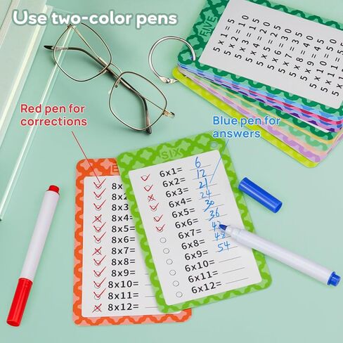 Multiplication Flashcards 0-12, 13 Pcs Multiplication Chart Math Flashcards, Multiplication Math Game, Times Table Flash Cards with 2 Dry Erase Markers and 2 Rings for 1st to 3rd Grades in Kuwait