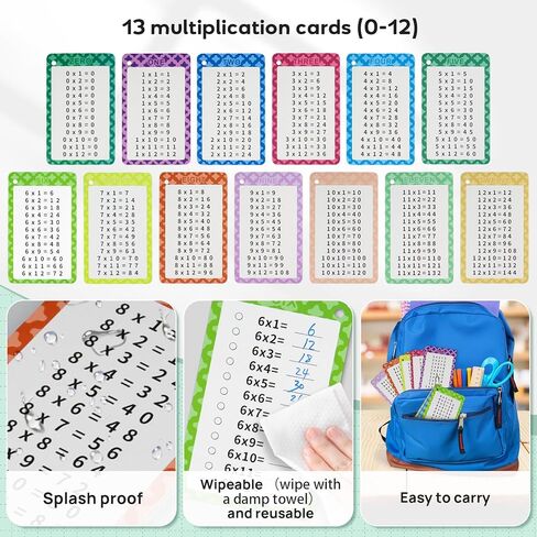 Multiplication Flashcards 0-12, 13 Pcs Multiplication Chart Math Flashcards, Multiplication Math Game, Times Table Flash Cards with 2 Dry Erase Markers and 2 Rings for 1st to 3rd Grades in Kuwait
