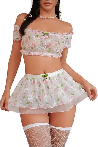 ملابس داخلية نسائية من MakeMeChic مكونة من 5 قطع مطبوعة برسومات جرافيكية وحواف مكشكشة بدون أكتاف ومجموعة تنورة صغيرة مع جوارب in Saudi Arabia