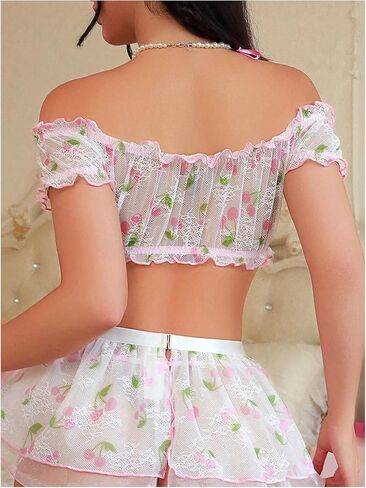 ملابس داخلية نسائية من MakeMeChic مكونة من 5 قطع مطبوعة برسومات جرافيكية وحواف مكشكشة بدون أكتاف ومجموعة تنورة صغيرة مع جوارب in Saudi Arabia