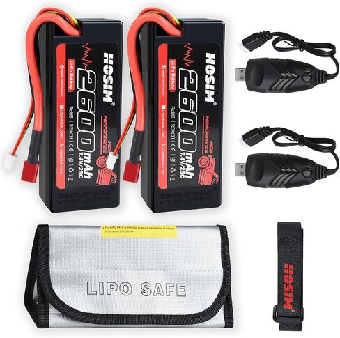 Hosim 2PCS 2S 7.4V 2600mAh Lipo Battery 25C with 2 USB Chargers, 1 Battery Bag & 1 Strap for Brushless RC Car Truck RC Vehicles Boat Battery Fit for X08 X07 X07W High Speed RC Cars 1/10 Scale in Saudi Arabia