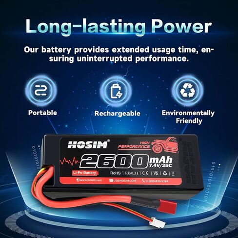 Hosim 2PCS 2S 7.4V 2600mAh Lipo Battery 25C with 2 USB Chargers, 1 Battery Bag & 1 Strap for Brushless RC Car Truck RC Vehicles Boat Battery Fit for X08 X07 X07W High Speed RC Cars 1/10 Scale in Saudi Arabia