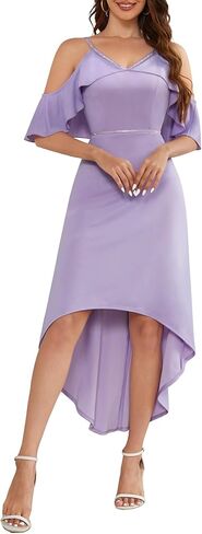 فستان نسائي من MUADRESS للحفلات الراقصة بحمالات رفيعة وأكمام واسعة ورقبة على شكل V سباركلي متوسط ​​الطول أنيق ومكشكش ومكشكش لحفلات الزفاف فستان Hi-Lo in Kuwait