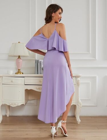 فستان نسائي من MUADRESS للحفلات الراقصة بحمالات رفيعة وأكمام واسعة ورقبة على شكل V سباركلي متوسط ​​الطول أنيق ومكشكش ومكشكش لحفلات الزفاف فستان Hi-Lo in Kuwait