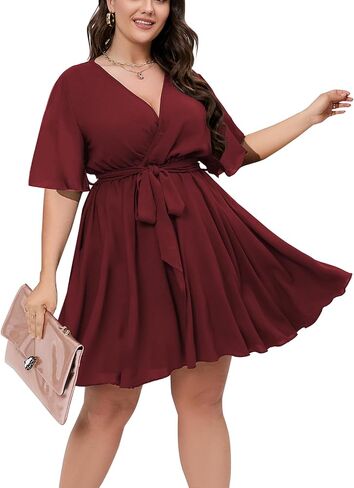 SCOMCHIC Women's Plus Size Summer Dresses Short Sleeve Wrap V Neck A Line Skater Mini Short Dress XL-4XL in Kuwait