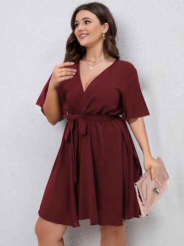 SCOMCHIC Women's Plus Size Summer Dresses Short Sleeve Wrap V Neck A Line Skater Mini Short Dress XL-4XL in Kuwait