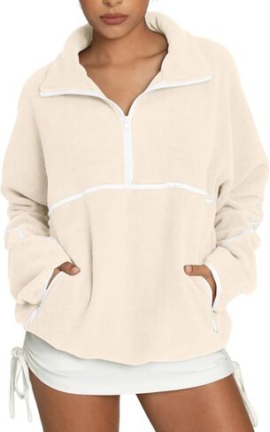 LASLULU Womens Half Zip Pullover Sweatshirt Sherpa Fleece Jacket Oversized Sweatshirts Warm Fuzzy Sweaters Pockets in Kuwait