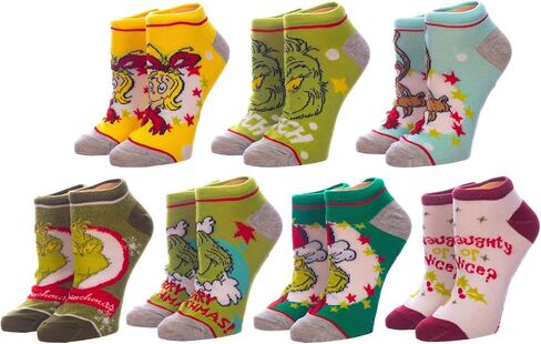 Bioworld Dr. Seuss The Grinch Who Stole Christmas 7 Pair Pack Juniors/Womens Ankle Socks Shoe Size 5-10 in Saudi Arabia