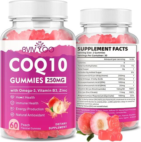عبوتان من علكات CoQ10 250 مجم، بالإضافة إلى أوميغا 3 وفيتامين ب3 والزنك والمغنيسيوم - مكملات الإنزيم المساعد Q10 عالية الامتصاص لصحة القلب والطاقة الخلوية ودعم مضادات الأكسدة، 120 قطعة in Kuwait