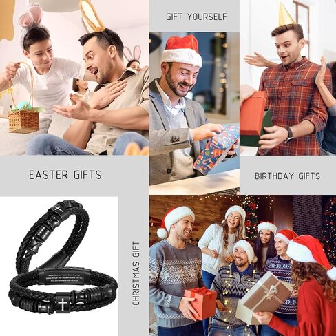 TempBeau Christian Black Leather Bracelet for Men - Double-Row Braided Leather Faith Cross Bracelets for Men Jewelry Gift Religious Baptism Easter Gifts for Young Men Teenage,Adjustable Wristband in Saudi Arabia