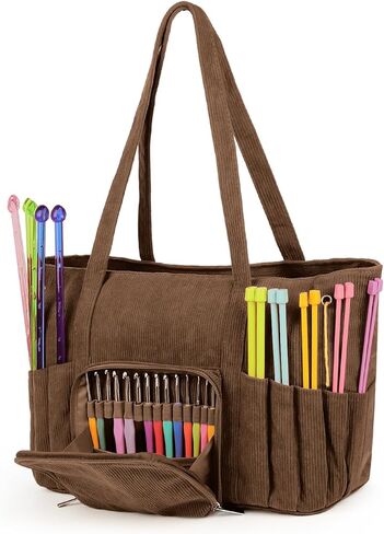 Corduroy Yarn Bag Travel Crochet Bag, Large Capacity Tote Bag Knitting Bag for Carrying Projects, Knitting Needles, Crochet Hooks and Yarn, Brown in Kuwait
