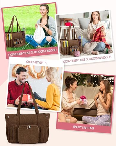 Corduroy Yarn Bag Travel Crochet Bag, Large Capacity Tote Bag Knitting Bag for Carrying Projects, Knitting Needles, Crochet Hooks and Yarn, Brown in Kuwait