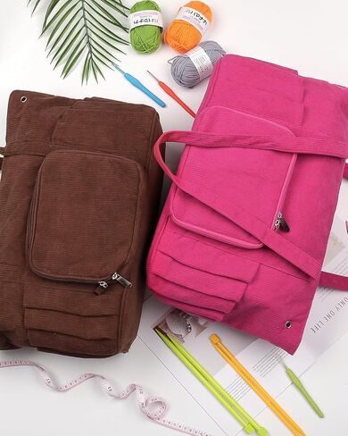 Corduroy Yarn Bag Travel Crochet Bag, Large Capacity Tote Bag Knitting Bag for Carrying Projects, Knitting Needles, Crochet Hooks and Yarn, Brown in Kuwait