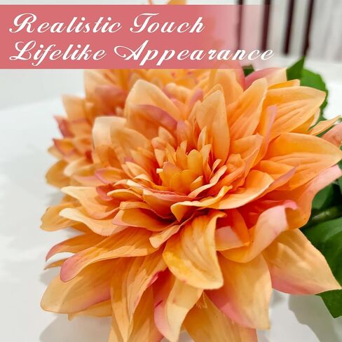 Dahlia Artificial Flowers, 3 Pcs 24in Large Fall Fake Flowers with Long Stem Realistic Touch Floral for Home Vase Bridal Wedding Party Arrangements Bouquets Centerpieces Table DIY Decor Orange in Saudi Arabia