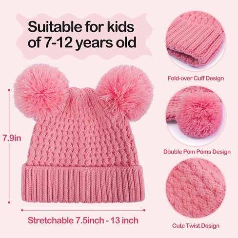 Kids Winter Hat Warm Knitted Beanies with Double Pom Pom Thick Ski Cap for Boys Girls 7-12 Years in Saudi Arabia
