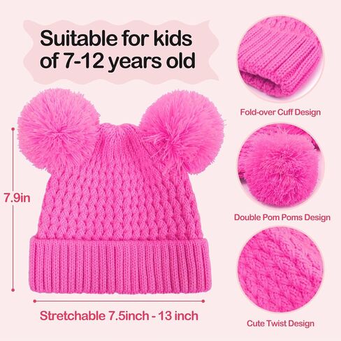 Kids Winter Hat Warm Knitted Beanies with Double Pom Pom Thick Ski Cap for Boys Girls 7-12 Years in Saudi Arabia